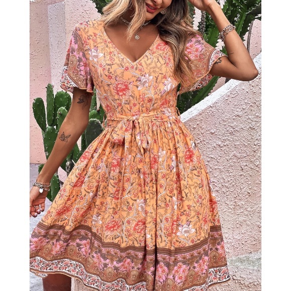 Boho Orange Floral Print Butterfly Sleeve Dress - Picture 3 of 6